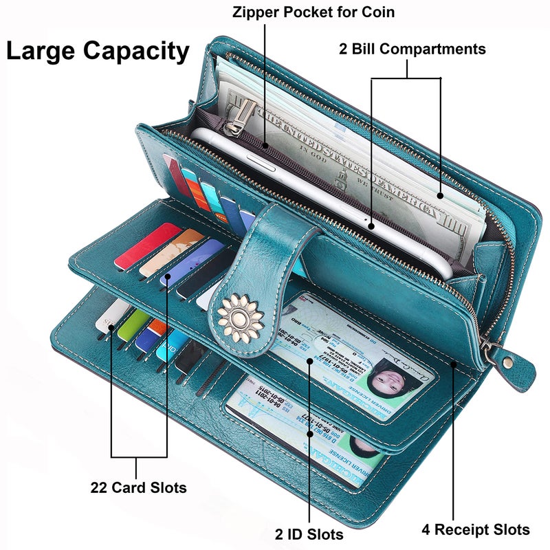 Lavemi Womens Large Capacity Genuine Leather RFID Blocking Wallets Wristlet Clutch Card Holder(1- Peacock Blue) - Image 5
